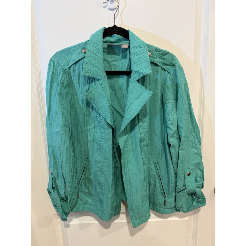 Chicos Linen Open Front Lightweight Jacket Teal Roll Tab Coastal Beachy Sz XL